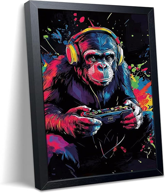 Gamer Monkey Wall Art, Gorilla Playing Video Game with Controller Canvas Print Poster, Colorful Graffiti Gaming Animal Painting, Boys Room Game Room Wall Decor 12x16 Inch Wood Framed