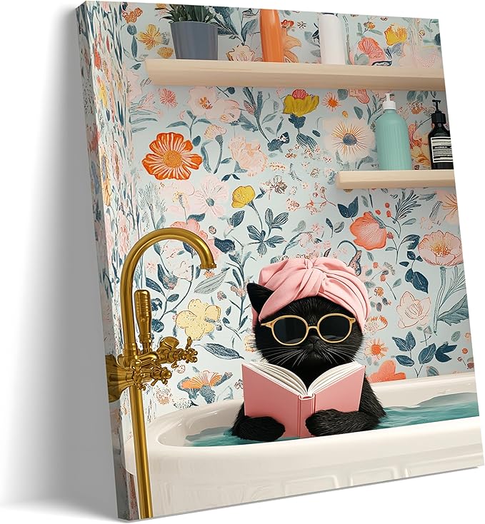Funny Black Cat Bathroom Wall Art, Bathroom Animal Pictures Canvas Prints, Framed Cute Cat Posters Wall Decor for Living Room Bedroom Toilet Kids Room Wall Paintings 12X16 inch