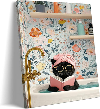 Funny Black Cat Bathroom Wall Art, Bathroom Animal Pictures Canvas Prints, Framed Cute Cat Posters Wall Decor for Living Room Bedroom Toilet Kids Room Wall Paintings 12X16 inch