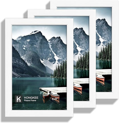 Hongkee 6x9 Picture Frame - Made of Real Glass and White Wooden Frame, 6 by 9 Photo for Wall or Tabletop Display, 3 Pack