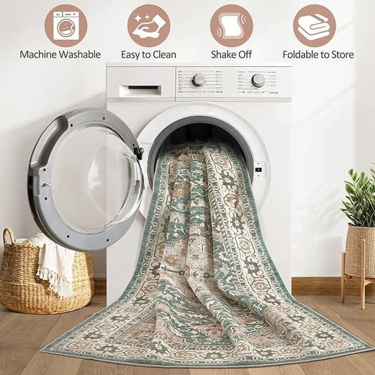 Green Rug Living Room Rugs: 7x10 Washable Boho Large Vintage Soft Stain Resistant Farmhouse Oriental Non Slip Indoor Floor Carpet for Bedroom Nursery Kids Playroom Office Dining Room Home Decor