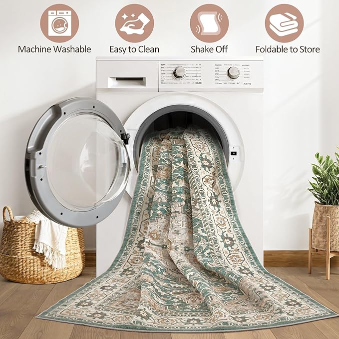 7x9 Area Rug Living Room: Machine Washable Boho Large Vintage Soft Rugs Stain Resistant Farmhouse Oriental Non Slip Indoor Floor Carpet for Bedroom Nursery Kids Playroom Office Dining Room- Green