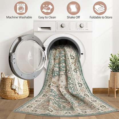 Green Rug Living Room Rugs: 8x10 Washable Boho Large Vintage Soft Stain Resistant Farmhouse Oriental Non Slip Indoor Floor Carpet for Bedroom Nursery Kids Playroom Office Dining Room Home Decor