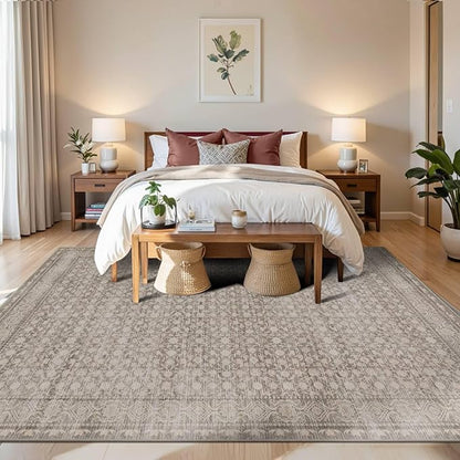 Rugxara 6x9 Washable Area Rug for Living Room, Vintage Large Boho Rugs for Office, Dining Room, Kids Room, Farmhouse, Durable Low Pile Non Slip Carpet for High Traffic Areas, Apricot