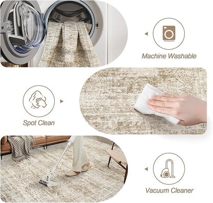 Soalmost Washable Area Rug 8x10, Large Soft Rugs for Living Room Vintage Area Rugs for Bedroom Dining Room Non-Slip Stain Resistant Brown Under Table Rug