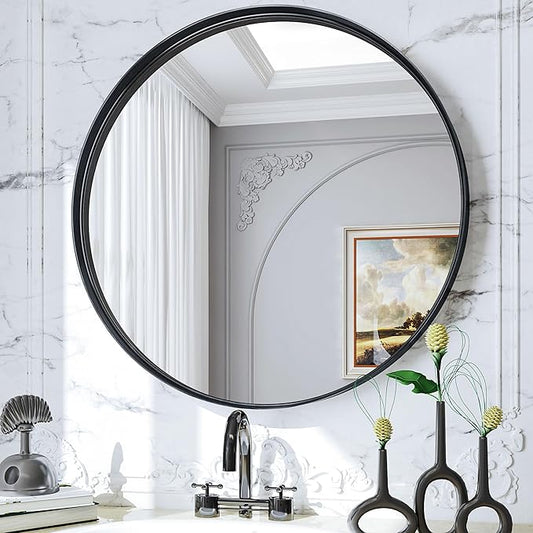 Suidia 24" x 24" Bathroom Mirror, Bathroom Vanity Mirror Metal Framed, Wall-Mounted Mirrors for Bedroom, Living Room, Entryway, Hallway, Black, Round Style