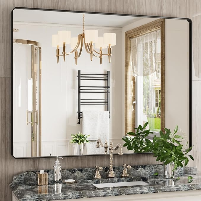 JISOSO Black Bathroom Mirror 48X36 Inch, Black Metal Framed Mirror for Wall, Rounded Rectangle Matte Bathroom Vanity Mirror with Tempered Glass, Anti-Rust, Horizontal/Vertical