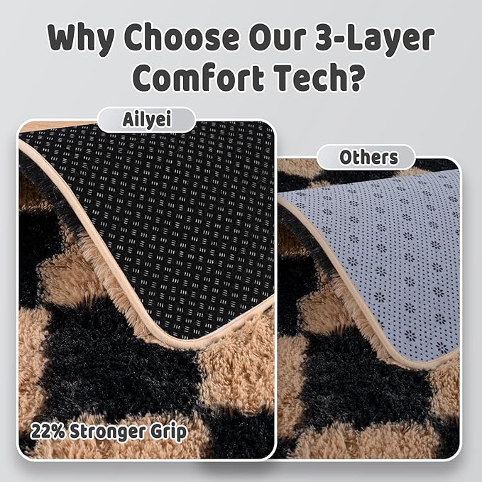 Shag Rugs for Living Room 8x10, Ultra Soft Checkered Black Beige Big Fuzzy Rugs for Bedroom, 8 x 10 Fluffy Shaggy Plush Carpet Kids Room Dorm Upgrade Non-Slip