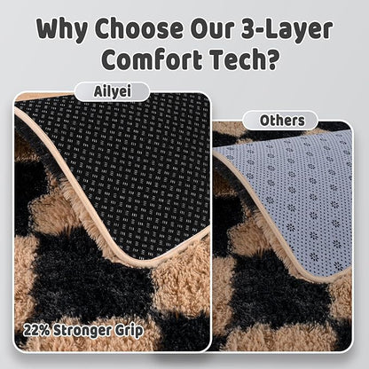 Shag Rugs for Bedroom, 4x6 Checkered Black Beige Soft Fuzzy Rugs for Living Room, Fluffy Shaggy Plush Carpet Kids Room Dorm Upgrade Non-Slip