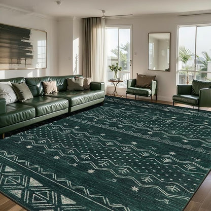 SERISSA 8x10 Area Rugs for Living Room, Washable Non-Slip Dark Green Boho Rug, Soft Low-Pile Geometric Indoor Large Carpet for Dining Room Bedroom Home Office Playroom