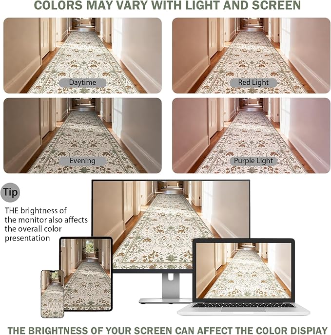 Floral 2x10 Runner Rug with Non Slip Low Pile Washable Entryway Rug,Soft Vintage Runner for Hallway Kitchen Living Room Bedroom Bathroom,Beige White