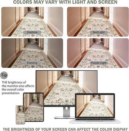 Floral 2x10 Runner Rug with Non Slip Low Pile Washable Entryway Rug,Soft Vintage Runner for Hallway Kitchen Living Room Bedroom Bathroom,Beige White