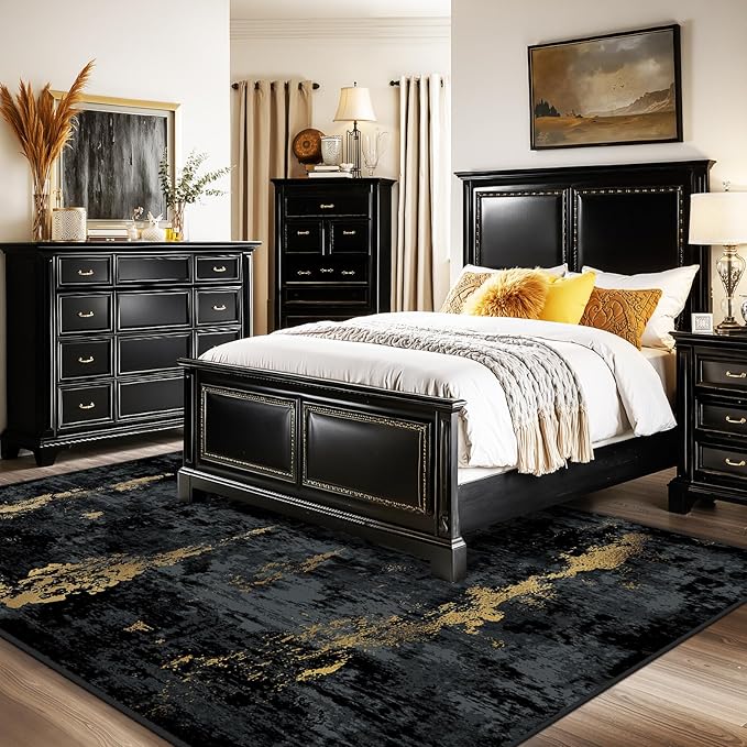 RELEANY Washable Area Rugs 10'x14' Non-Slip Modern Abstract Soft for Living Room Entryway Bedroom Nursery, Print Pattern, Dark Black Gold
