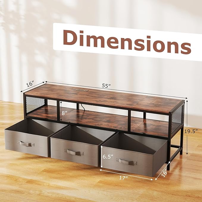 Giantex Dresser TV Stand for 65 Inch TV, Modern Entertainment Center w/Power Outlets, Open Shelf & Fabric Drawers, Television Stands, TV Console Table for Living Room Bedroom (Rustic Brown+Black)