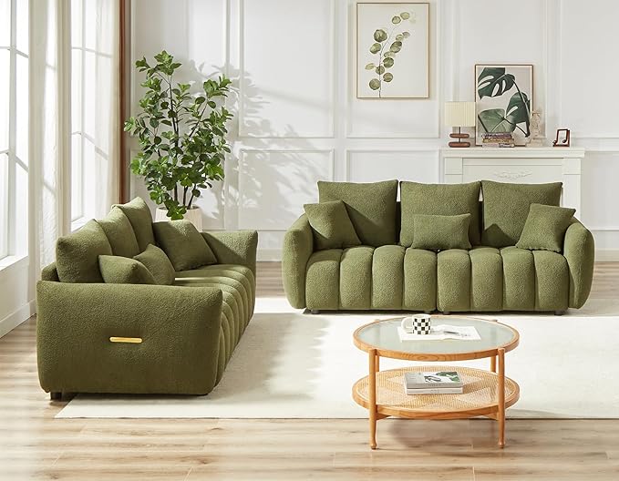 Antetek Teddy Sofa Set for Living Room, 2 Pieces Modern Deep Seat Oversized 3-Seater Cloud Boucle Couch for Bedroom, Office, Apartment, Furniture Set, 78-inch, Green (2 Pieces)