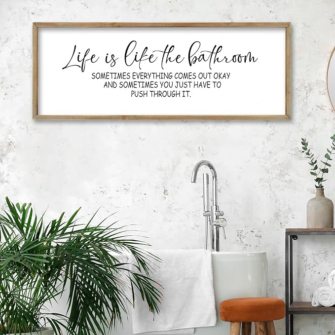 FZMHASLWW Humorous Motivational Bathroom Wall Decor 32"×12" Life Is Like The Bathroom Sign Funny Inspirational Quote for Farmhouse Toilet Restroom Large Modern Wood Framed Wall Hanging Art (Wood)