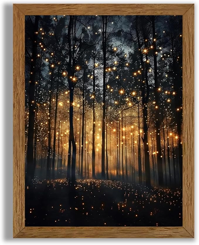 JLTULT Framed Enchanted Forest Firefly Canvas Wall Art, Dark Twilight Landscape Wall Decor, Rustic Botanical Nature Tree Art Prints for Bedroom Living Room Office Decoration 8x10 inch Easy to Hang
