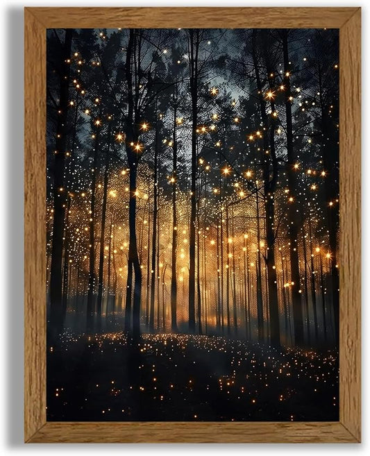 JLTULT Framed Enchanted Forest Firefly Canvas Wall Art, Dark Twilight Landscape Wall Decor, Rustic Botanical Nature Tree Art Prints for Bedroom Living Room Office Decoration 8x10 inch Easy to Hang
