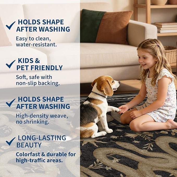 Garvee Snake Gothic Washable Rug 5x7 Dark Whimsical Moody Witchy Unique Soft Thin Carpet for Living Room Bedroom Playroom Indoor Decor Low Pile TPE Backing Black Gray