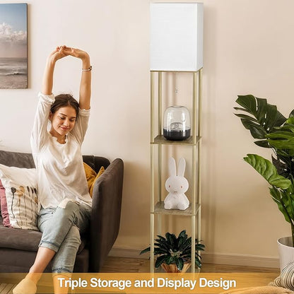PARTPHONER Floor Lamp with Shelves for Living Room Natural Wood 2 Pack, Shelf Floor Lamp with 3 CCT LED Bulb, Corner Display Standing Column Lamp Etagere Organizer Tower Nightstand for Bedroom Office