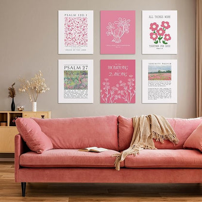 Habseligkeit Pink Flower Wall Art Prints, Retro Wall Decors for Room Aesthtic, Abstract Posters for Girls Bedroom Decor Aesthetic Unframed, 8X10in, Set of 6