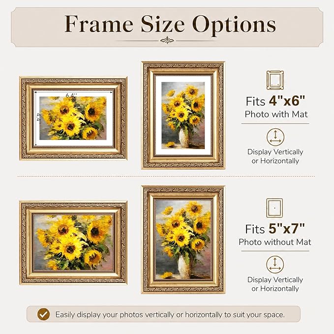 JCJMY 5x7 Vintage Picture Frame with 4x6 Mat Set of 2, Elegant Retro 5 by 7 Photo Frame with Shatter-Resistant Plexiglass for Wall or Tabletop Display, Gallery Decor & Gift, Gold, 2 Pack