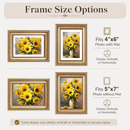 JCJMY 5x7 Vintage Picture Frame with 4x6 Mat Set of 2, Elegant Retro 5 by 7 Photo Frame with Shatter-Resistant Plexiglass for Wall or Tabletop Display, Gallery Decor & Gift, Gold, 2 Pack