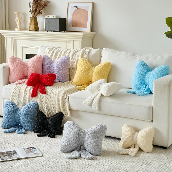 Bow Pillow, Decorative Bow Pillows with Soft Plush for Couch Bed, Bow Shaped Throw Pillow Room Decor for Bedroom, Bow Decorative Pillow for Living Room (White, Large-16 Inches)