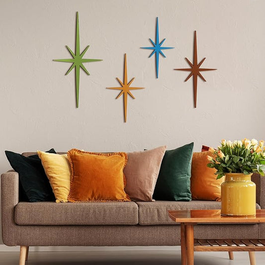 Blulu 4 Pcs Cast Iron Starburst Shaped Wall Decor Metal Mid Century Modern Decor Retro Atomic Stars Wall Art Elegance Accents Vintage Celestial Whimsigoth Hangings for Home Office Room(Modern)