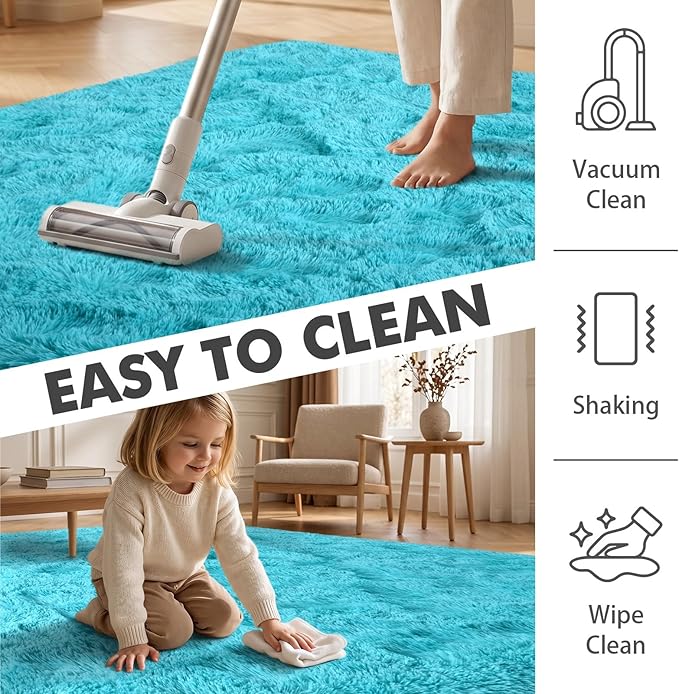 5x7 Ft Teal Shag Rugs for Bedroom Living Room Decor for Men Boys, Ultra Soft Fluffy Furry Area Rug for Indoor Floor, Aesthetic Carpet for Nursery Dorm Home Decor