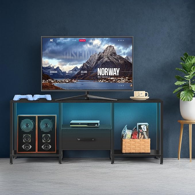 LIANTRAL Black Bedroom TV Stand with Storage Cabinet up to 50 inch TV, Small TV Console Table with Power Outlets 45 inch Media Entertainment Center for Living Room Bedroom (Black)
