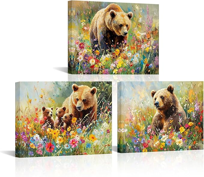 sechars Bear Wall Art Canvas Bears in Wildflower Meadow Picture Print Wildlife Paintings Farmhouse Kitchen Decor