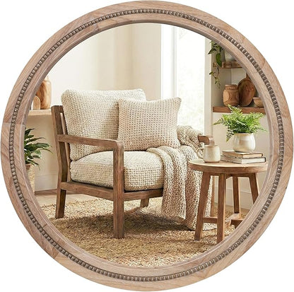 30" Round Solid Wood Mirror for Bathroom Vanity, Handcrafted Beaded Circle Wall Mirror - Natural Boho Farmhouse Decor for Entryway & Bedroom