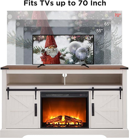 OKD Fireplace TV Stand for 65+ Inch TV, 33" Tall Highboy Farmhouse Entertainment Center w/ 23'' Electric Fireplace, Rustic Media Console w/Sliding Barn Door for Living Room, Antique White
