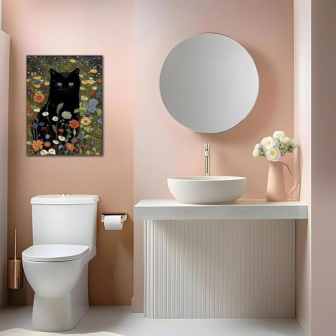 Framed Cat Canvas Wall Art, Funny Black Cat Picture Wall Decor, Animal In Garden Flowers Prints Poster for Bathroom Bedroom Living Room Gallery Decor 16x24 inch