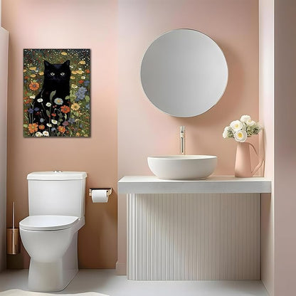 Framed Cat Canvas Wall Art, Funny Black Cat Picture Wall Decor, Animal In Garden Flowers Prints Poster for Bathroom Bedroom Living Room Gallery Decor 12x16 inch