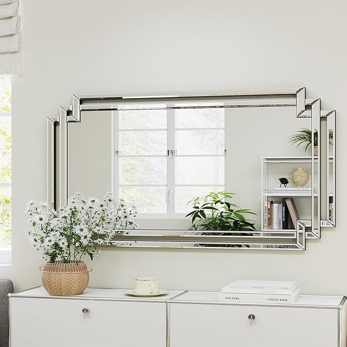 24" X 47" Large Decorative Mirror for Wall Decor, Elegant Living Room Mirror with Glass Pieces and Beveled Edge for Dining Room, Modern Bathroom Mirror Hang Horizontally or Vertically