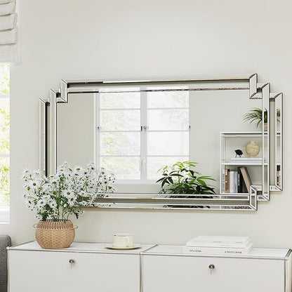 24" X 47" Large Decorative Mirror for Wall Decor, Elegant Living Room Mirror with Glass Pieces and Beveled Edge for Dining Room, Modern Bathroom Mirror Hang Horizontally or Vertically