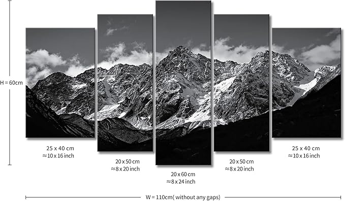 Canvas Wall Art Mountain Black and White Snow Mountain Landscape Picture 5 Pieces Prints On Canvas Modern Giclee Framed Artwork The Pictures for Home Living Room Decor