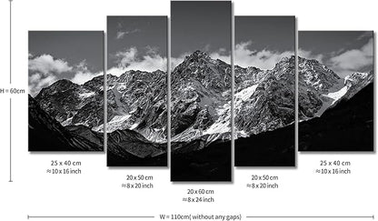 Canvas Wall Art Mountain Black and White Snow Mountain Landscape Picture 5 Pieces Prints On Canvas Modern Giclee Framed Artwork The Pictures for Home Living Room Decor
