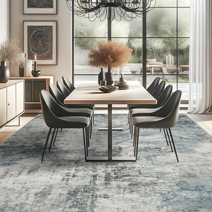 RUUGME Abstract 10X14 Washable Rug - Area Rugs for Living Room Large Indoor Ultra Thin mat for Bedroom Stain Resistant Non-Slip Backing Distressed Soft Room Farmhouse Floor Carpet 10X14 Blue
