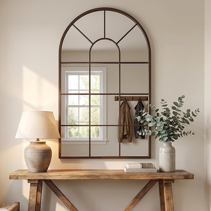 Brown Framed 48x28Inch Arched Window Pane Mirror| Arched Mirrors for Wall & Floor | Arch Mirror Full Length for Entryway Living Room & Bedroom | Oversized Mirrors | Wall Art Decorative |Farmhouse