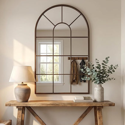 Brown Framed 48x28Inch Arched Window Pane Mirror| Arched Mirrors for Wall & Floor | Arch Mirror Full Length for Entryway Living Room & Bedroom | Oversized Mirrors | Wall Art Decorative |Farmhouse