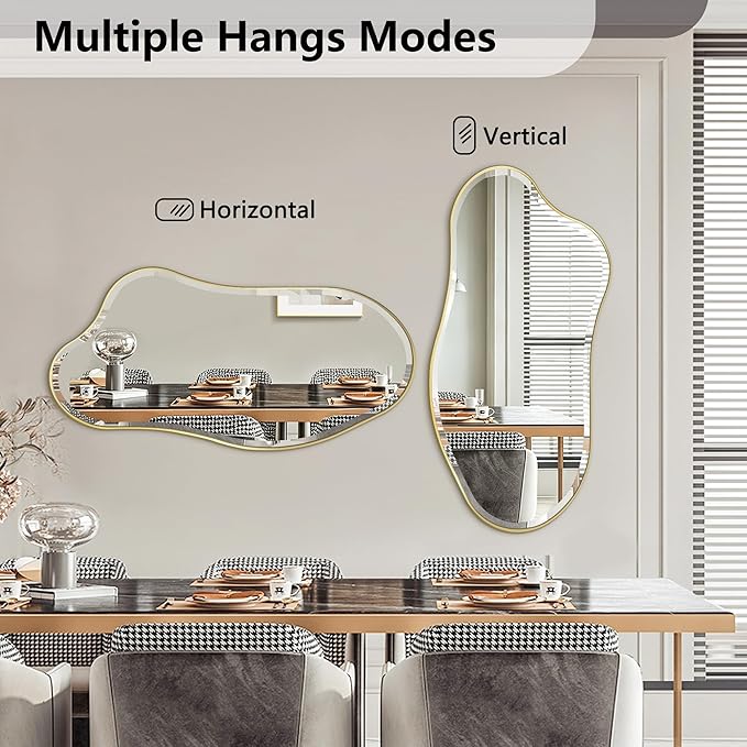 POZINO Irregular Beveled Mirror, 40"x20" Premium Asymmetrical Mirror with Gold Metal Frame, Modern Organic Shaped Mirrors for Living Room Bathroom Bedroom Hallway Entryway, Horizontal/Vertical Hanging
