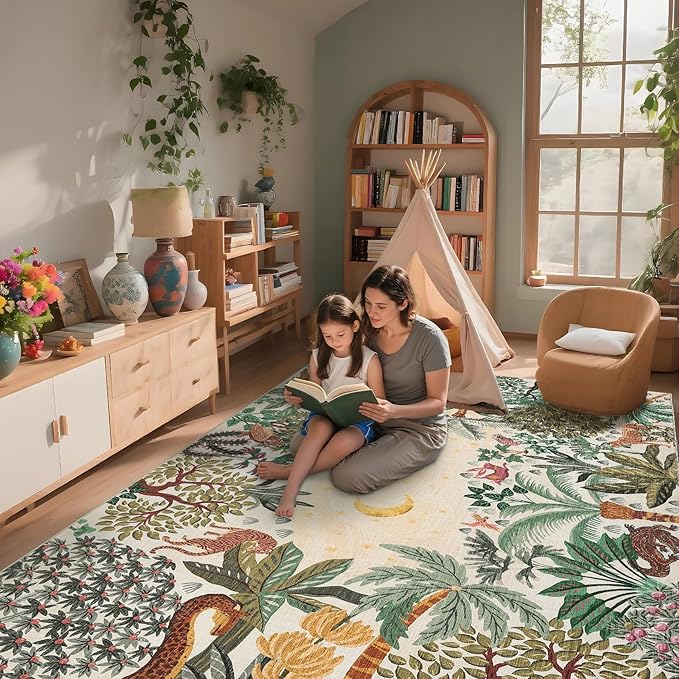 GarveeHome 6x9 Area Rug Jungle Beige Washable Rugs for Living Room Bedroom, Soft Low Pile Non Slip Accent Floor Mat Animal Print Tiger Throw Rug Indoor Carpet Dining Room Playroom