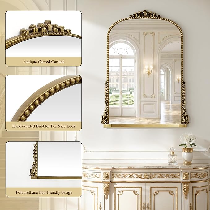 Vintage Gold Ornate Baroque Mirror - 40"X29" Arched Antique Brass Mirror with Full Frame - Traditional Decorative Wall Mounted Mirrors for Wall/Mantel/Entryway/Hallway - Home Decor for Living Room