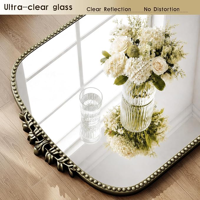 Antique Full Length Mirror 71" x 32", Antique Bronze Arched Large Vintage Mirror in Baroque Style with Tempered Glass, Freestanding for Bedroom, Living Room, Cloakroom