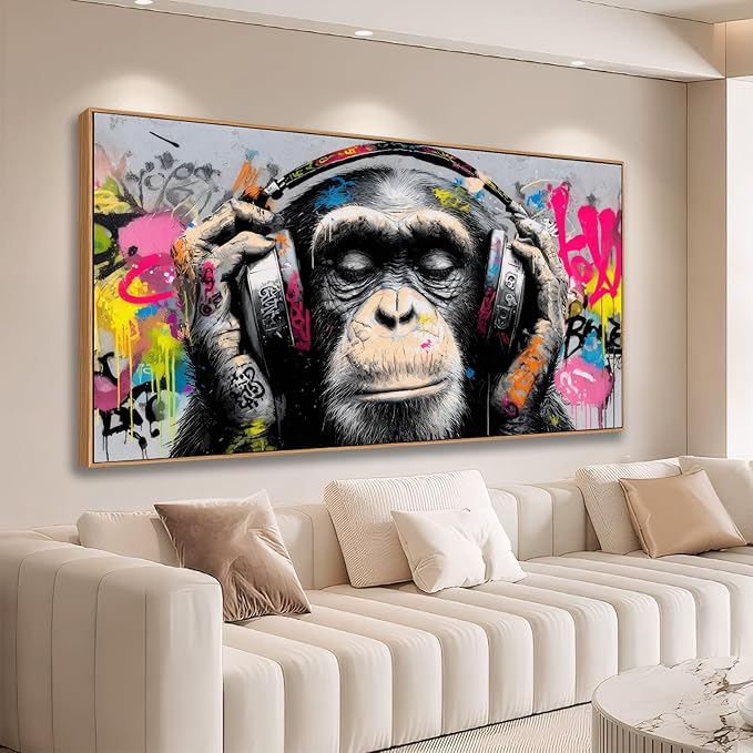 Sorbrozo DJ Gorilla with Headphones - Urban Street Graffiti Canvas Wall Art Colorful Animal Painting for Boys Room Music & Hip Hop Wall Decor Modern Home Art Print 30x58in