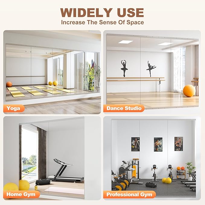 Hasipu Home Gym Mirror 71" L x 36" W - 1PC Large Full Body Mirror for Yoga, Fitness, Garage, Dance Studio, Wall-Mounted, 0.16in Tempered Glass Frameless