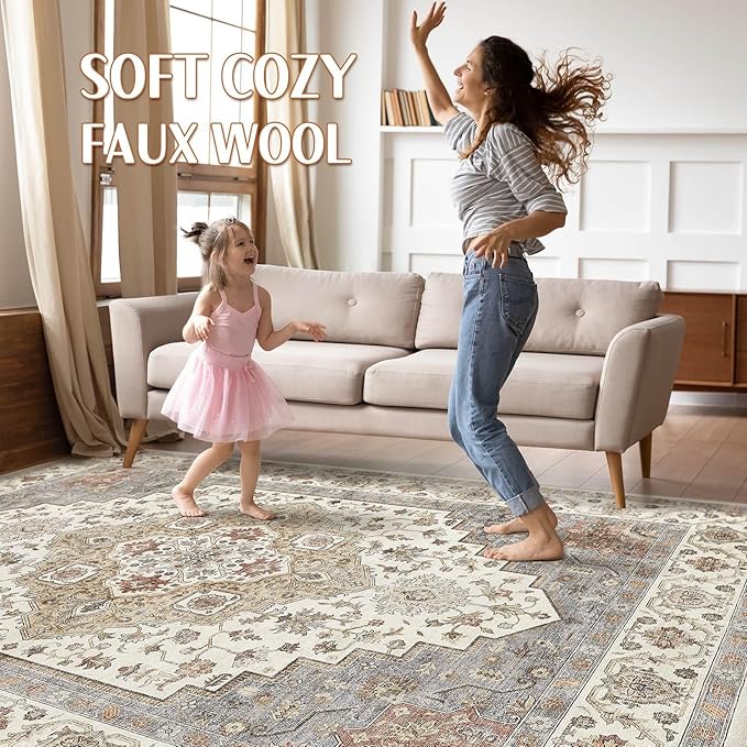 7x9 Area Rug Living Room: Washable Boho Large Neutral Vintage Soft Rugs Stain Resistant Farmhouse Non-Slip Indoor Floor Carpet for Bedroom Nursery Kids Playroom Office Dining Room- Orange Beige